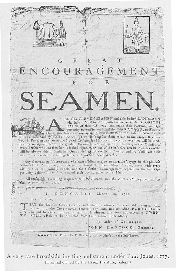 A very rare broadside, inviting enlistment under Paul Jones, 1777.