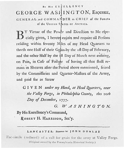 A facsimile of general george washington's orders issued from his headquarters in valley forge, december 23, 1777, regarding the allocation of provisions for the continental army during the revolutionary war.