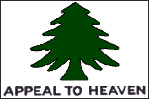 Flag bearing a green pine tree with the motto "appeal to heaven" displayed below it.