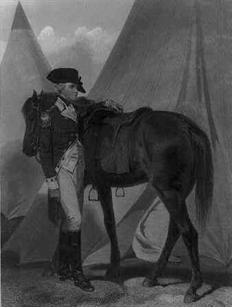 A historical depiction of a military figure in traditional attire standing next to a horse, against the backdrop of a tent, suggesting an expedition or campaign from a bygone era.