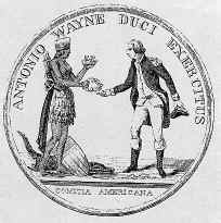 An illustration of a historical event depicted within an oval frame, showing two individuals from different cultures shaking hands. one appears to represent a native american leader, and the other, a european settler or military figure, symbolizing a moment of agreement or treaty between the two parties. the image is adorned with text around the perimeter that may signify names or titles associated with the figures or the occasion.