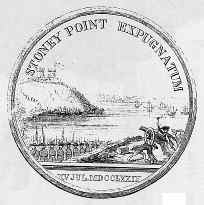 A historical illustration within a circular frame, titled "stoney point expedition", depicting a scenic view with soldiers advancing towards a point near the water, suggesting a significant military event.