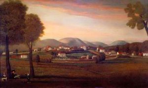 Landscape View of Old Bennington, 1798. Earl includes a self-portrait, left foreground.