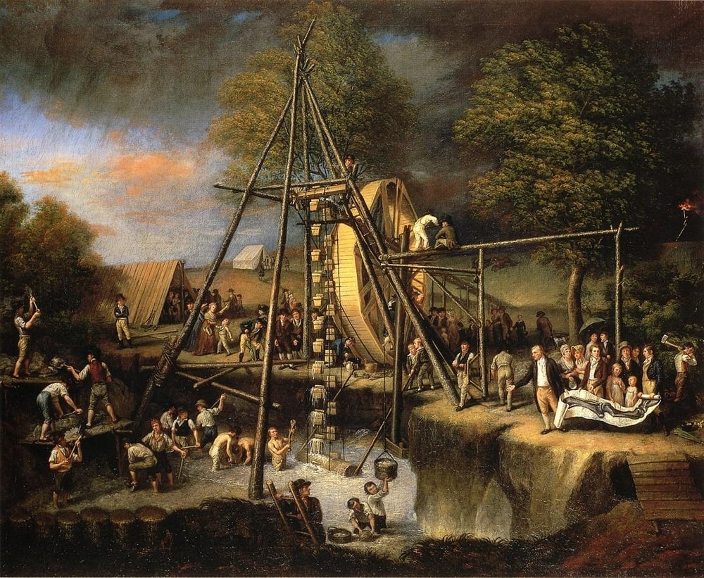 A bustling scene of 17th-century life depicting the construction of a large wooden ship, with craftsmen at work and onlookers gathered amidst a pastoral landscape.