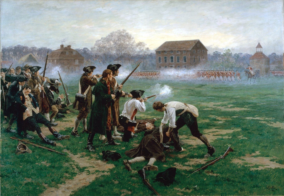 Battle of Lexington painting showing troops firing at each other on a battlefield, open green plains.