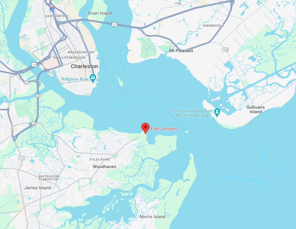 Map view highlighting a specific location near fort johnson on james island, south of charleston, south carolina.