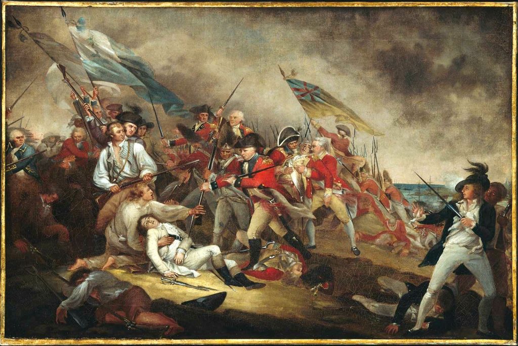 Death of General Warren (American) at the Battle of Bunker's Hill, showing a chaotic battle scene.