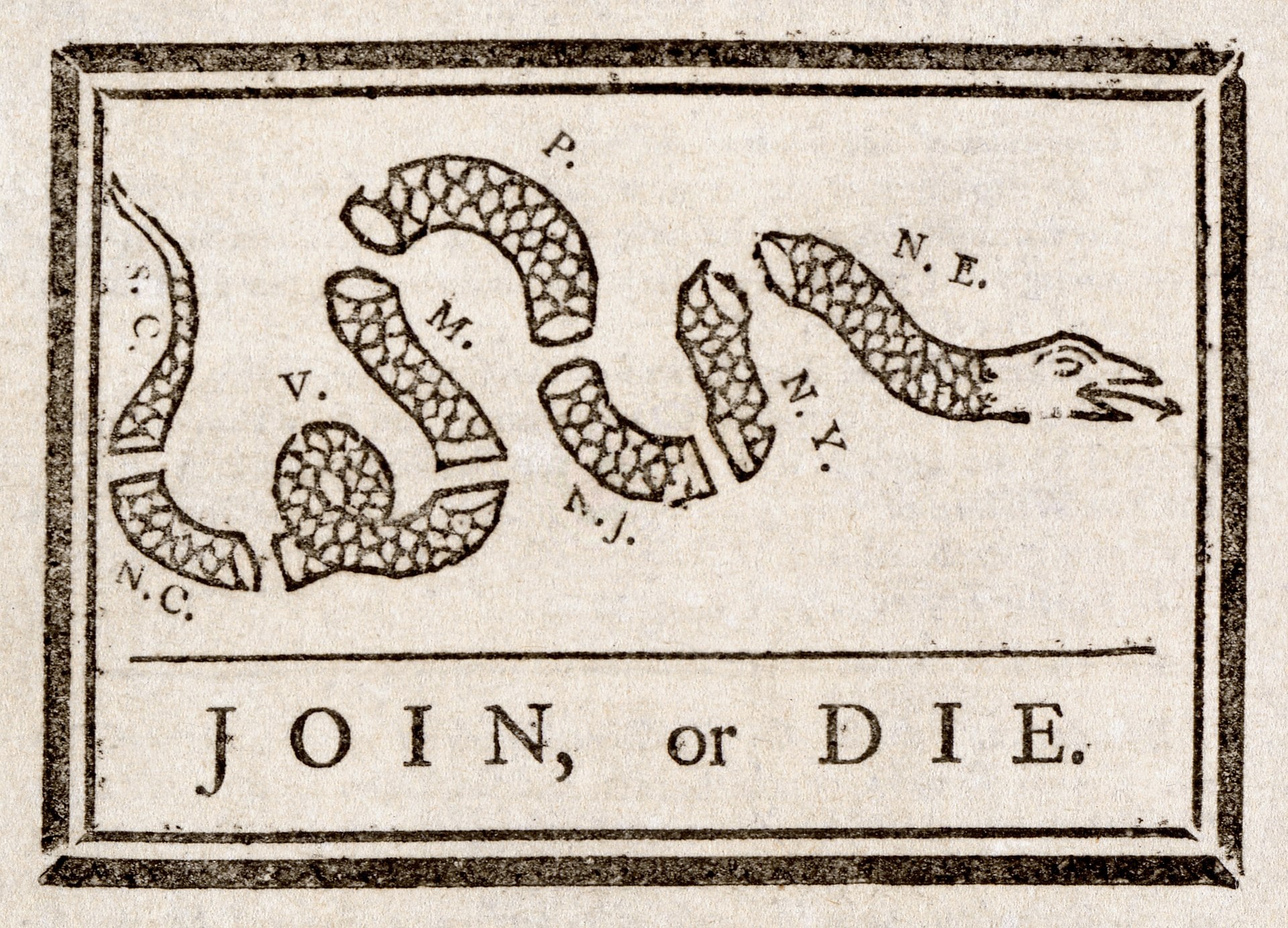 Join, or Die political cartoon, shows a rattlesnake dissected into eight pieces.