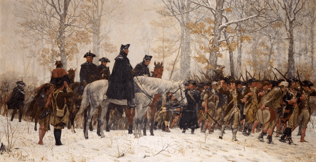 March to Valley Forge painting, showing George Washington on a horse leading his troops.