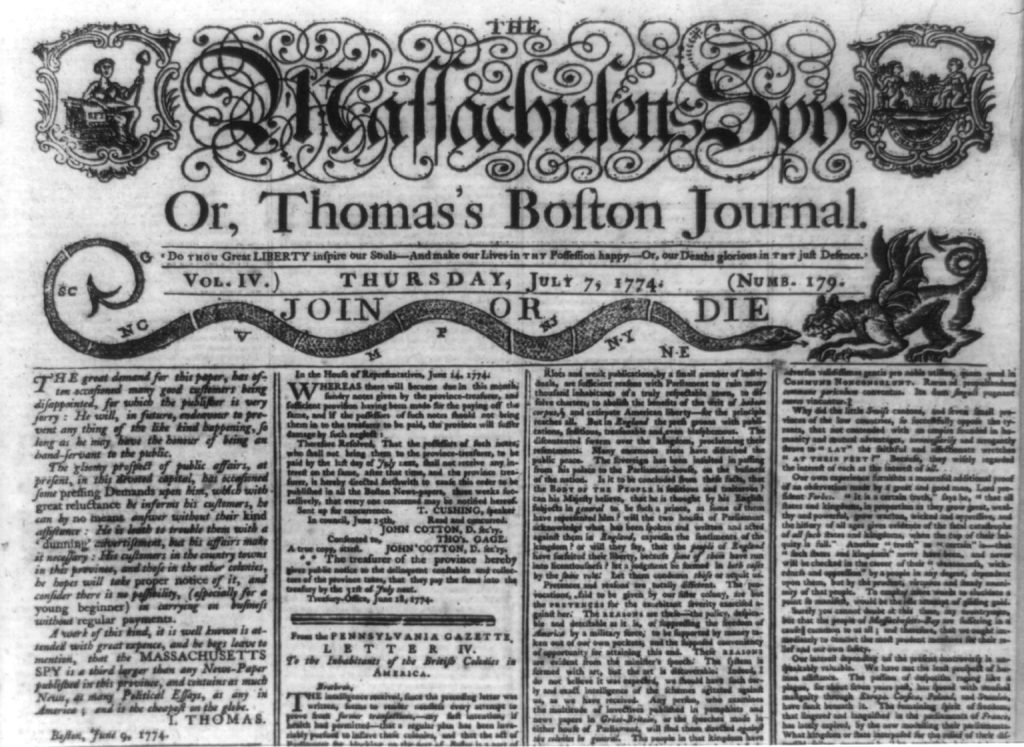 Cover of the Massachusetts Spy newspaper from 1774, showing a snake attacking a dragon.