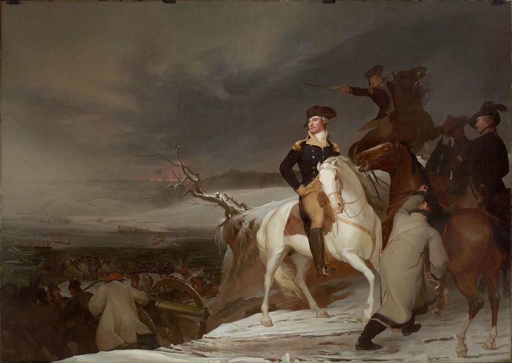 Passage of the Delaware, shows Washington riding a white horse, prior to crossing the Delaware River.