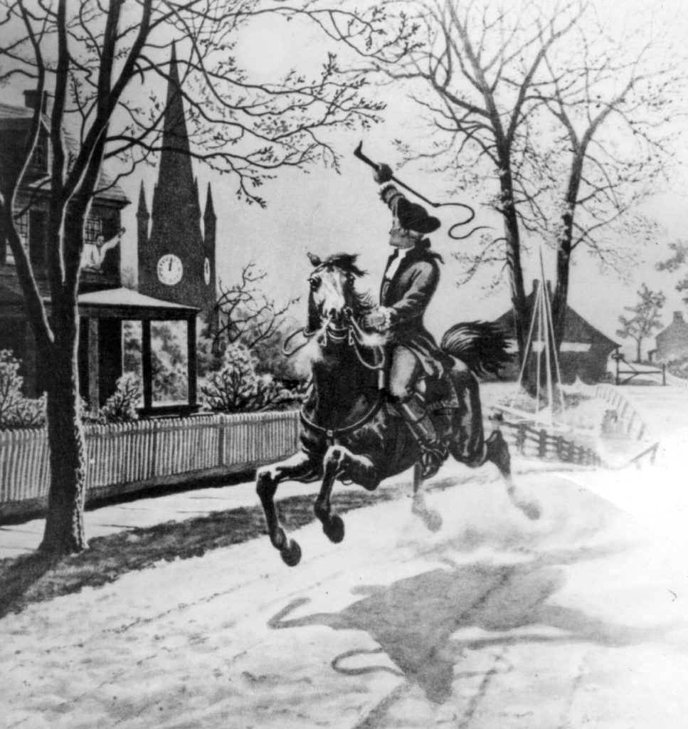 Cartoon depicting Paul Revere riding through the night.