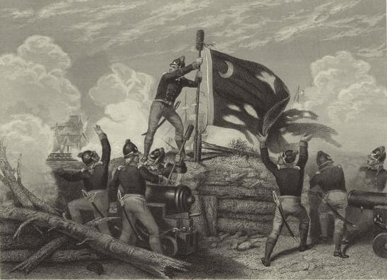 Historic battle scene: soldiers raising a flag in triumph atop a barricade against a dramatic sky.