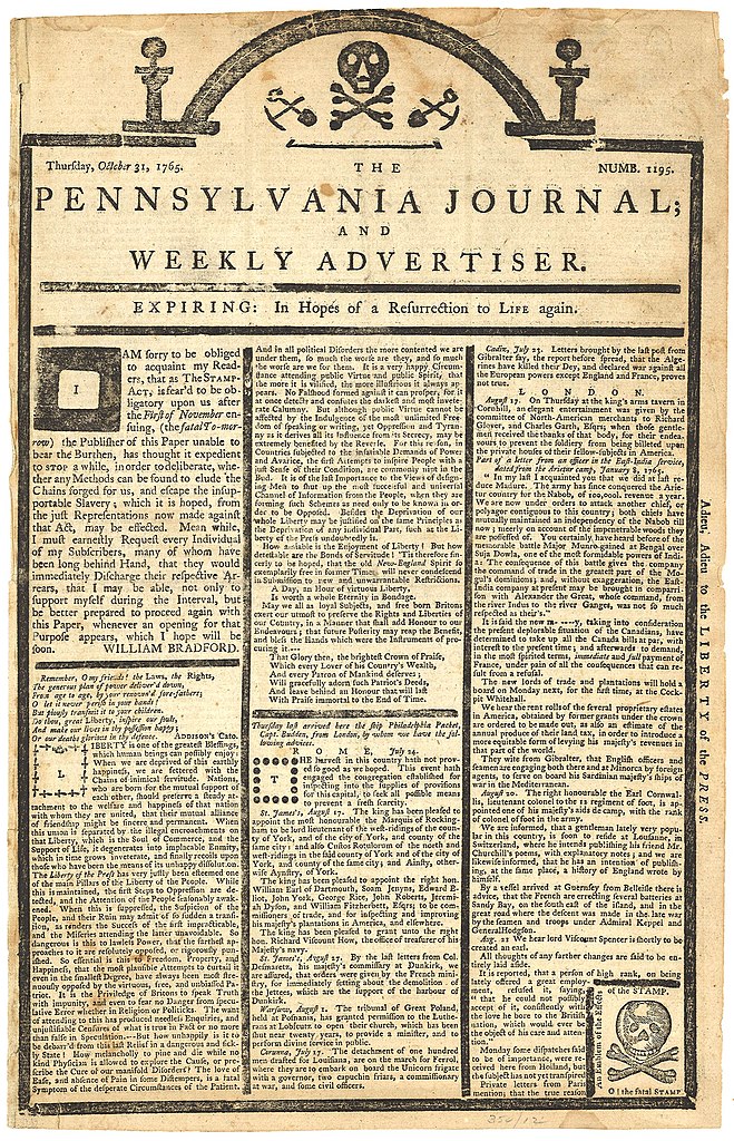 Stamp Act announcement in the Pennsylvania Journal.