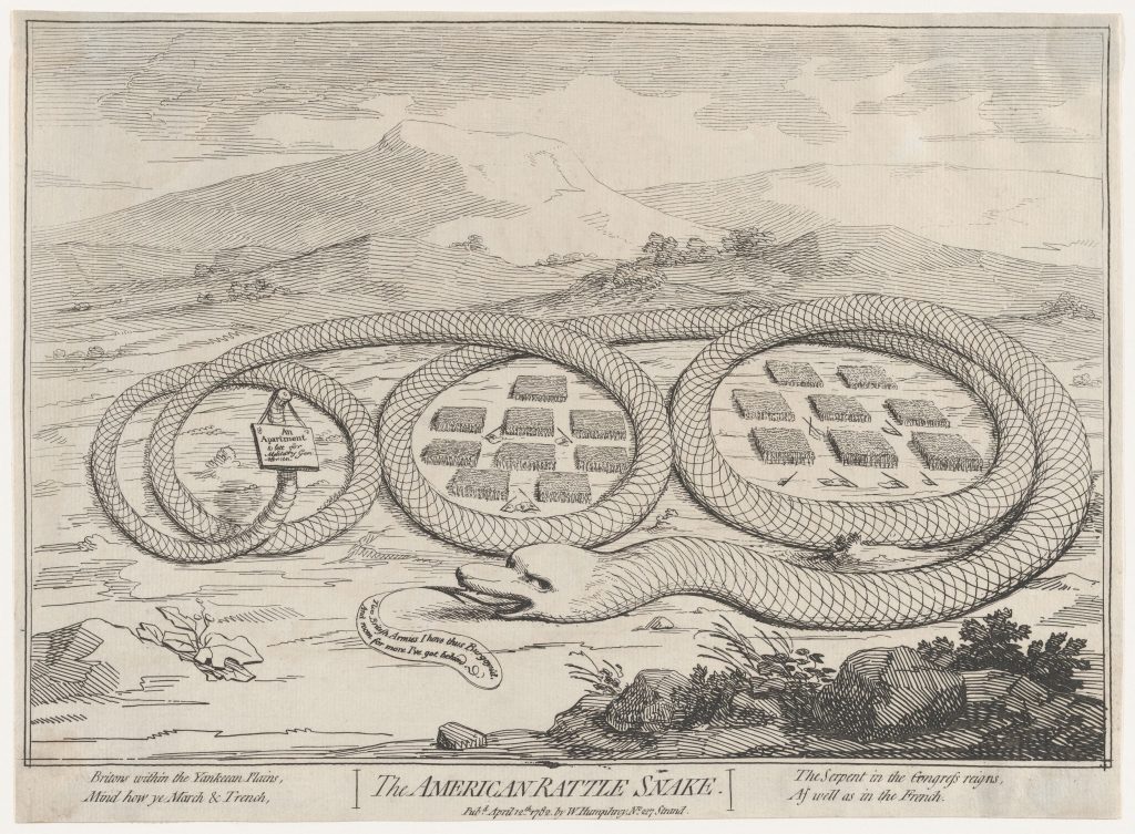 Political cartoon depicting a huge rattlesnake encircling British forces on a battlefield, bird's-eye view.