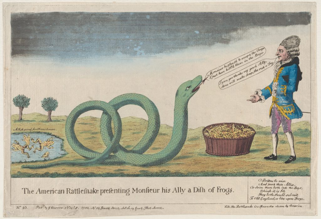 Political cartoon showing a large, green rattlesnake presenting a bucket of frogs to a man depicted in typical 18th century French noble attire.