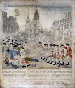 Political cartoon showing British forces opening fire on a crowd of civilians in Boston.