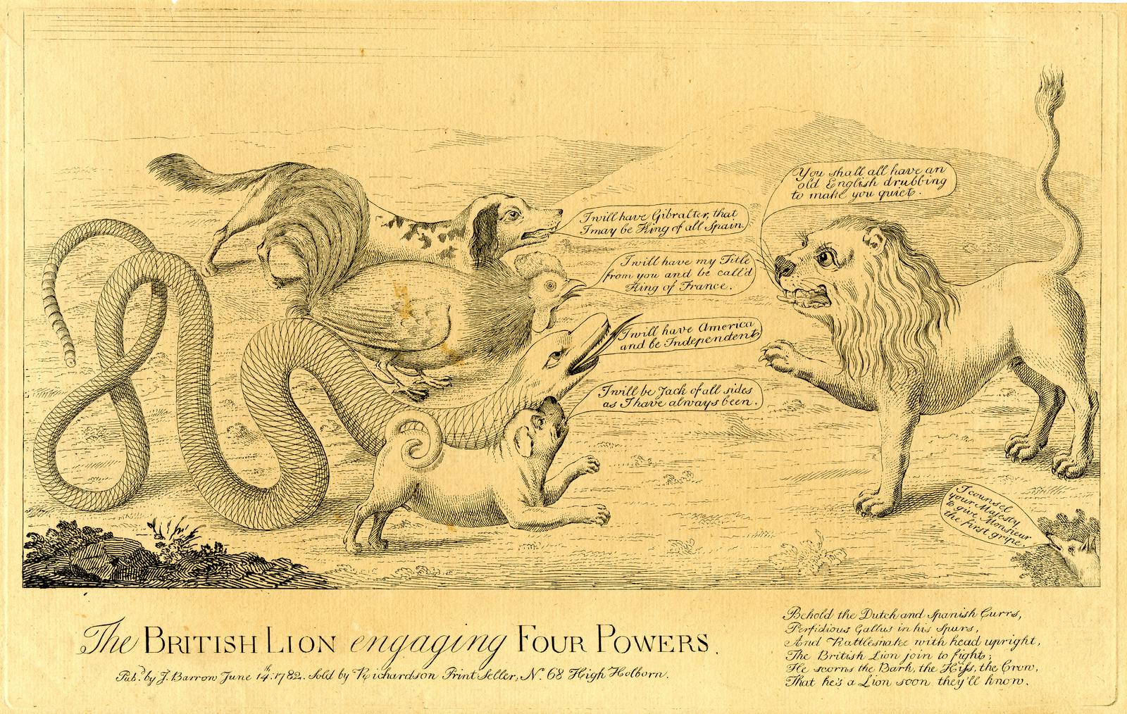 Political cartoon showing a lion facing off against a snake, a
