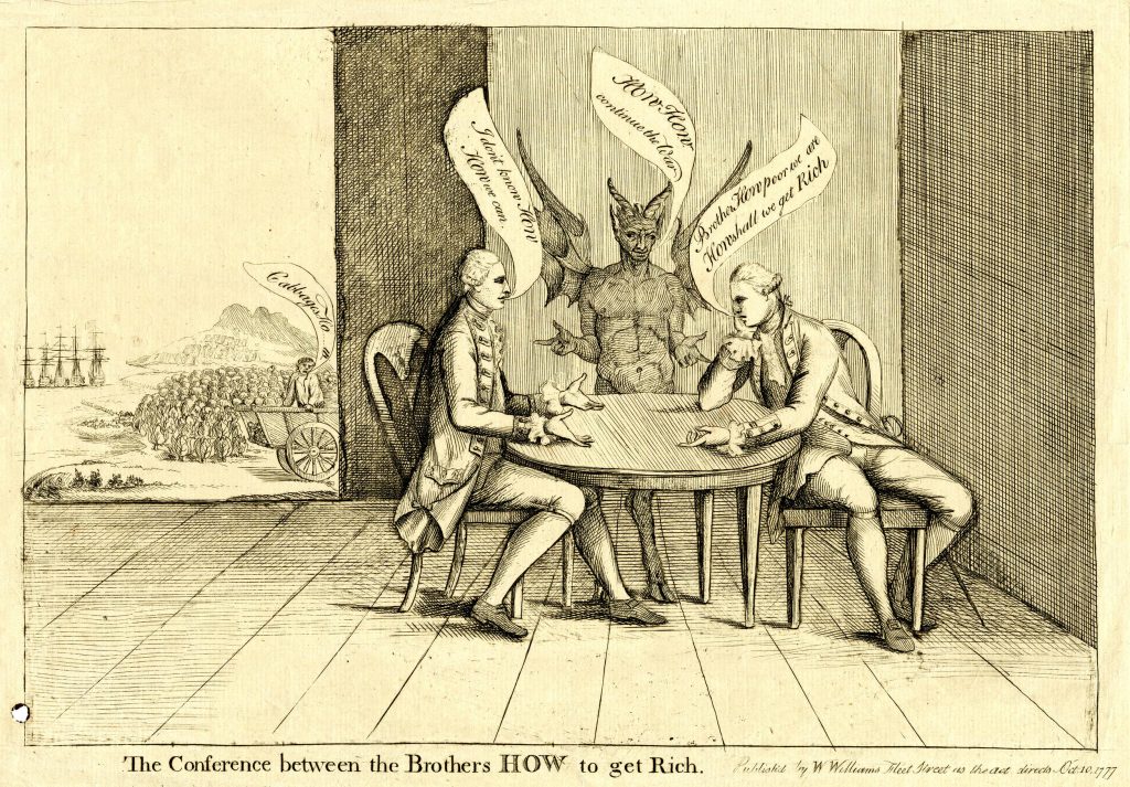 Political cartoon showing Richard and William Howe sitting in a room at a table with the devil.
