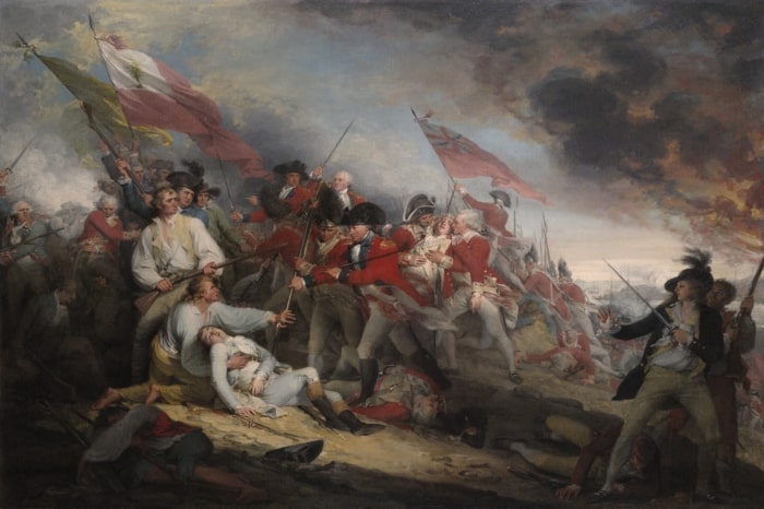 A dramatic battle scene from a historic conflict, showcasing soldiers in various states of combat and distress, with flags aloft and smoke filling the tumultuous sky.
