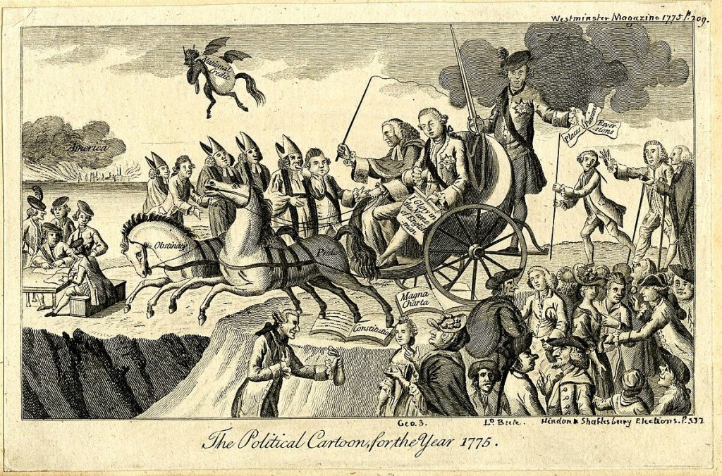 Political cartoon showing British politicians driving a horse and cart off a cliff,