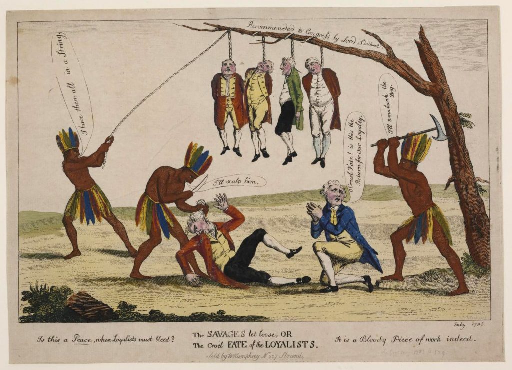 Political cartoon showing Native Americans scalping, beating, and hanging white settlers.
