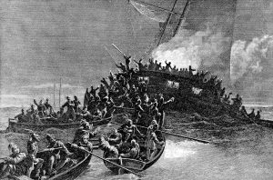 A ship on fire, with a number of rowboats around it full of men.