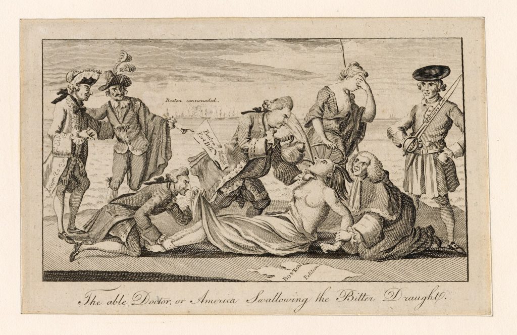 A political cartoon showing British lawmakers forcing a Native American woman, representing the Thirteen Colonies, to drink tea.