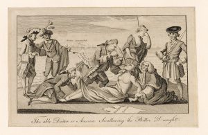 A political cartoon showing British lawmakers forcing a Native American woman, representing the Thirteen Colonies, to drink tea.
