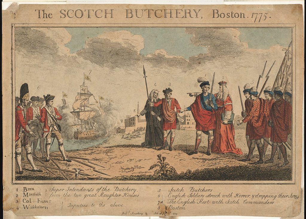 Scottish Highlander troops (on the right) in Boston.