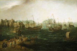 Ships trading at port in the 17th century.
