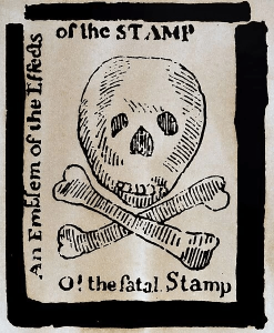 Political cartoon showing a skull, protesting against the Stamp Act.