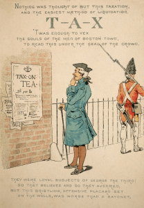 Political cartoon showing a man reading a public notice about tax on tea.