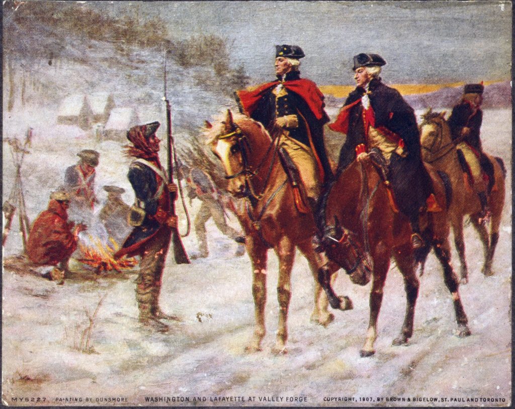 George Washington and Lafayette pictured at Valley Forge riding horses.