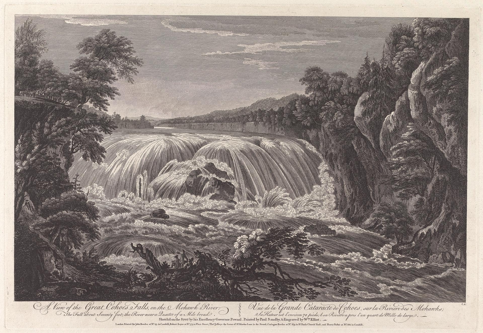 William Elliot engraving of Great Cohoes Falls on the Mohawk River, published in 1768.