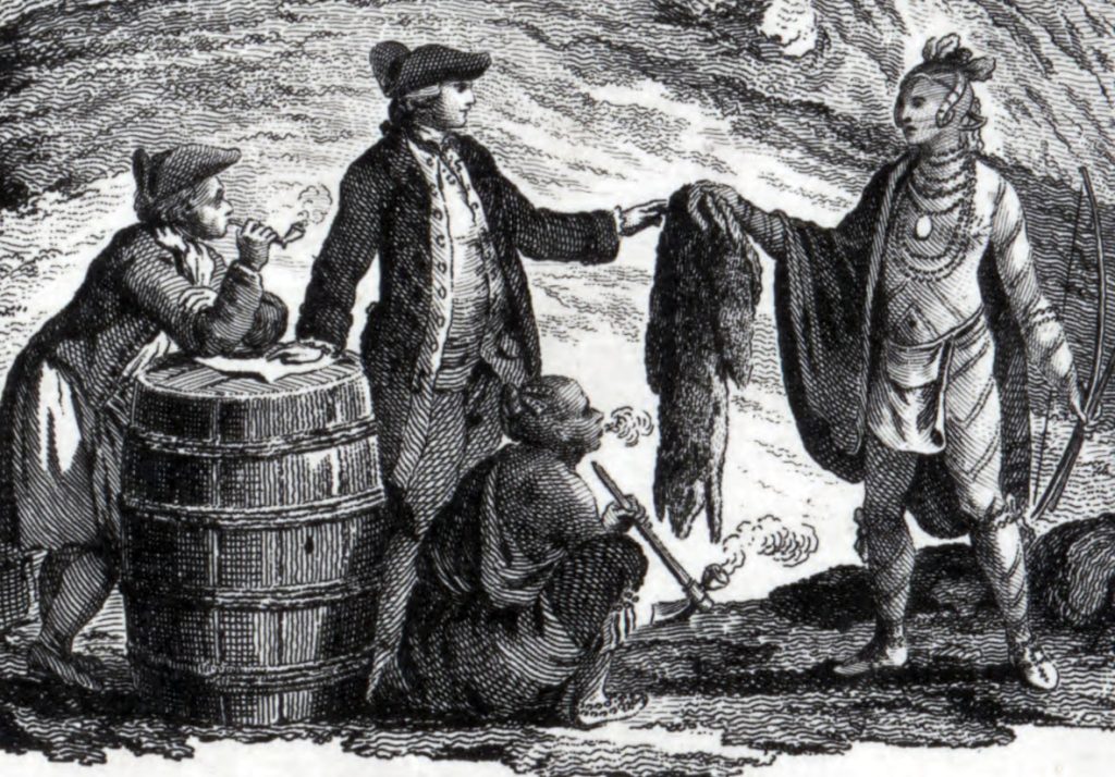 A Native American fur hunters selling an animal hide to a colonial fur trader.