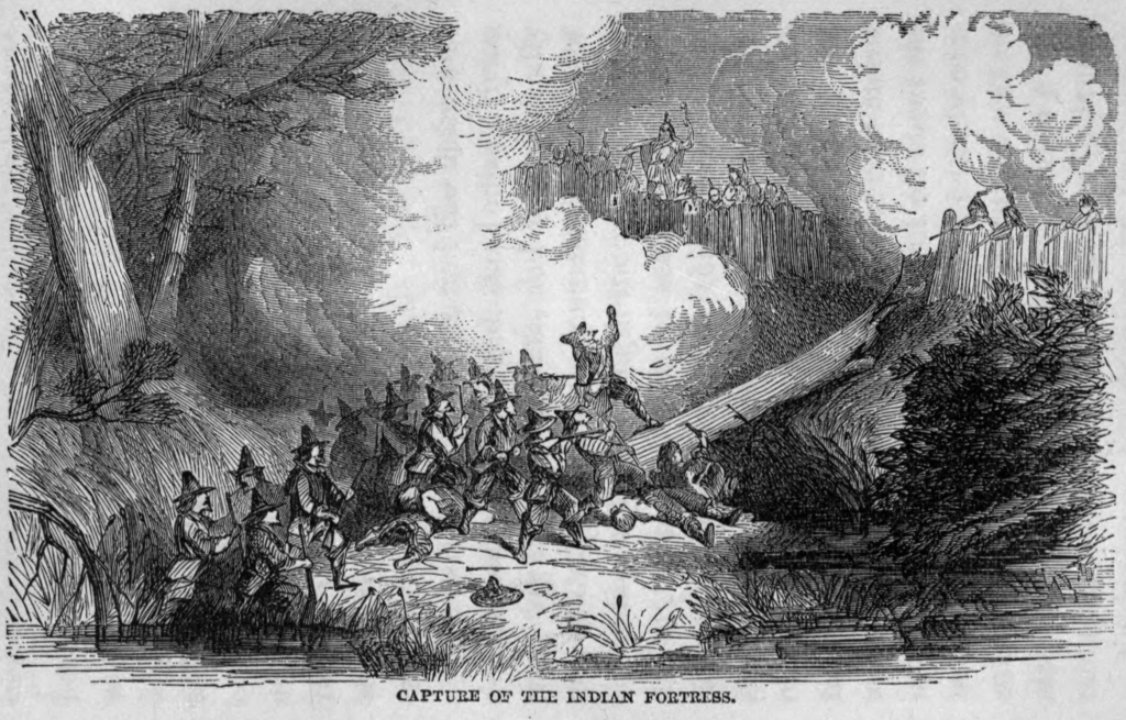 Painting showing a colonial attack on an Indian fort on the Mystic River.