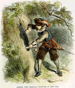 Captain Joseph Wadsworth hiding the Connecticut Royal Charter in an oak tree.