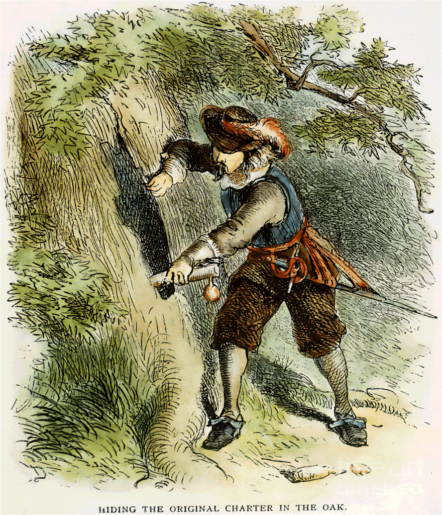Captain Joseph Wadsworth hiding the Connecticut Royal Charter in an oak tree.