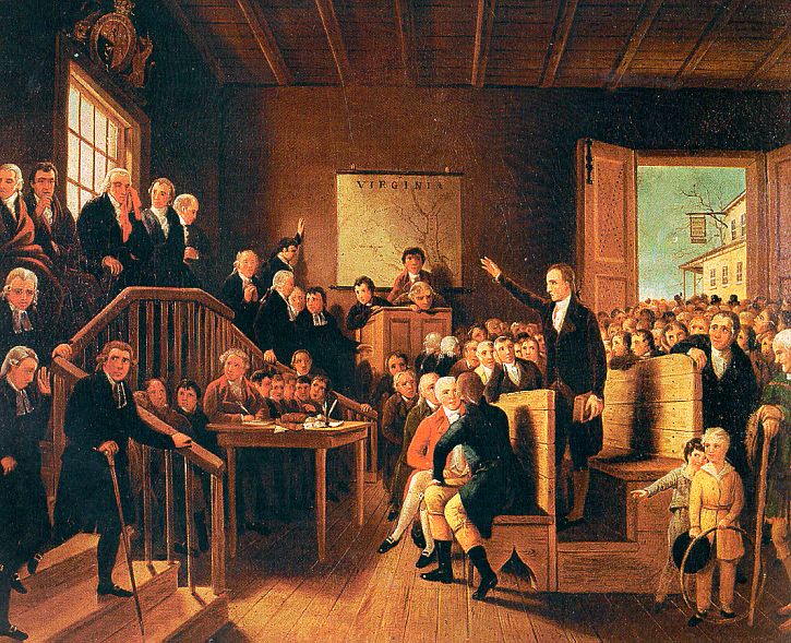 Painting depicting a colonial American courtroom.