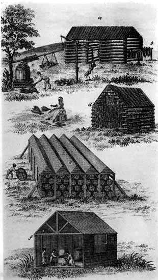 Sketch of colonial-era tobacco plantation and warehouses.