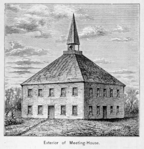 Engraving of a 1600s New England meeting house.