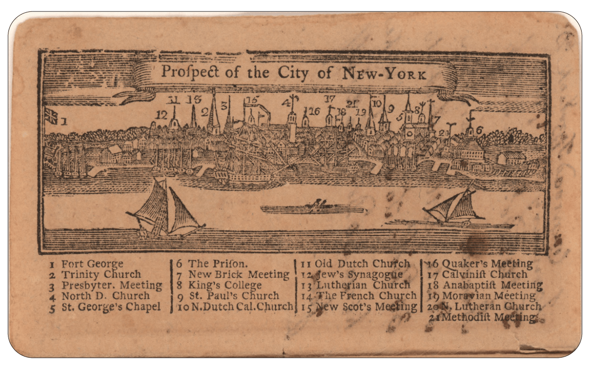 New York City skyline and keyed landmarks in 1771