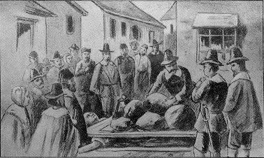 Illustration of the death of Giles Corey under a form of torture known as crushing.