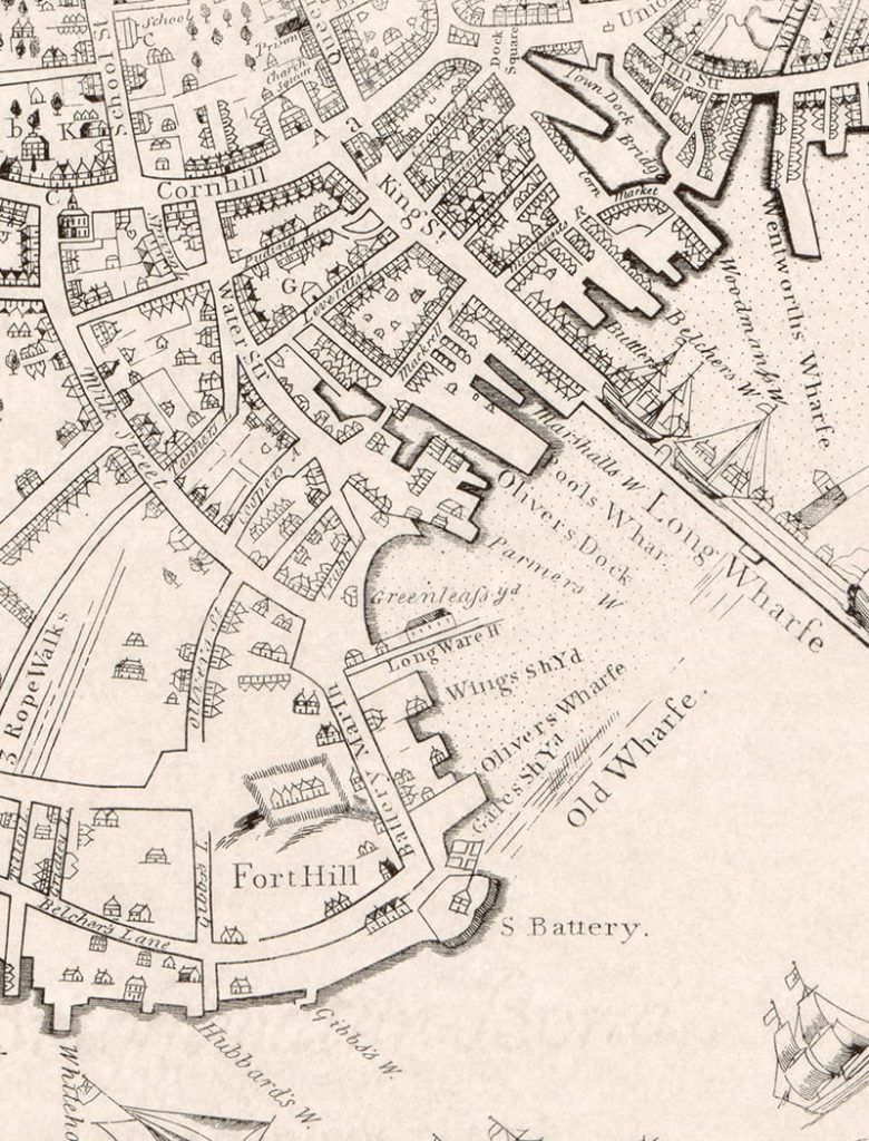 Map of Boston and its harbor, produced in 1722.