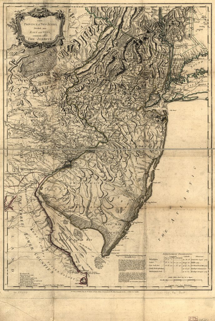 Map of New Jersey created in 1777, diving the colony into east and west.