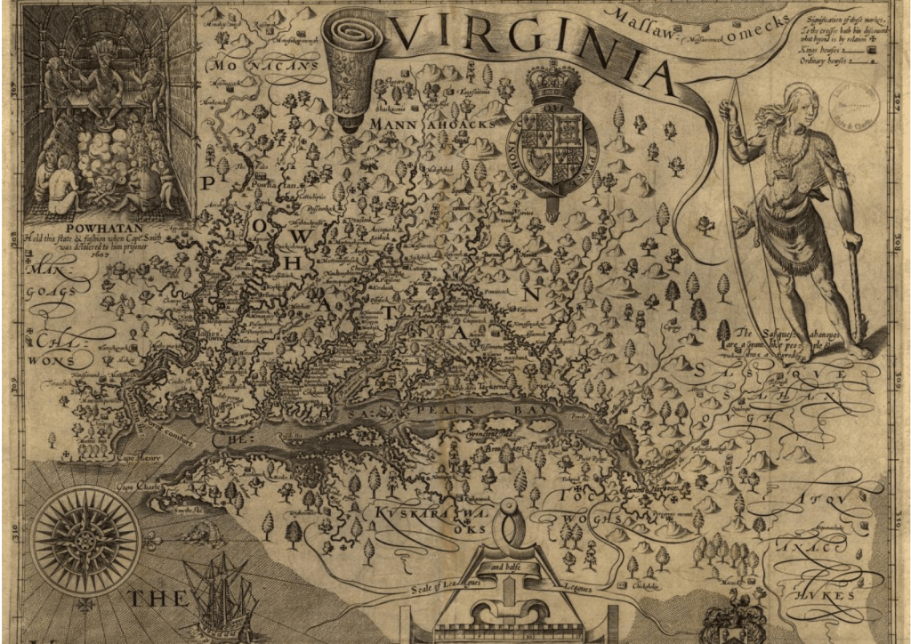 Map of Virginia and its waterways, including Chesapeake Bay, 1624.
