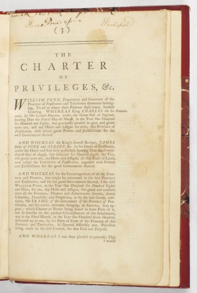 First page of the Pennsylvania Charter of Privileges.