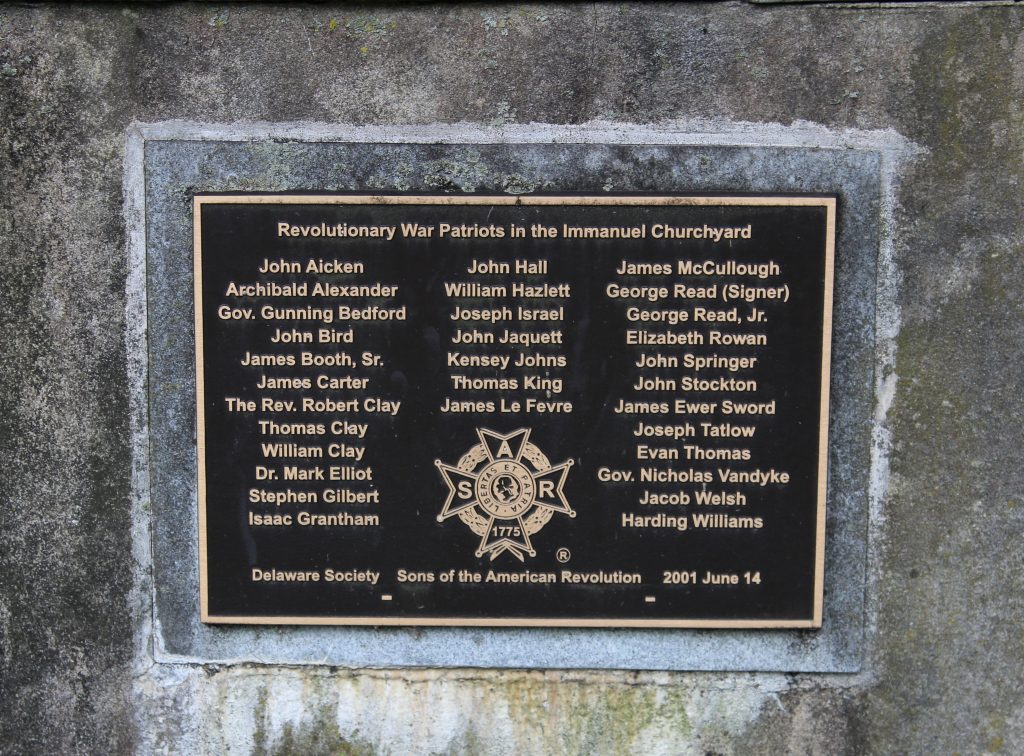 Plaque commemorating American Revolutionary soldiers buried in the churchyard at Immanuel on the Green, New Castle, DE.