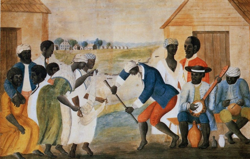 Slaves dancing on a South Carolina plantation.